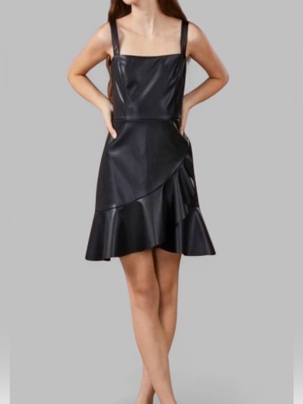 BCBGENERATION-Women's Faux-Leather Flounce-Hem Mini Dress-XS-black Retail $128